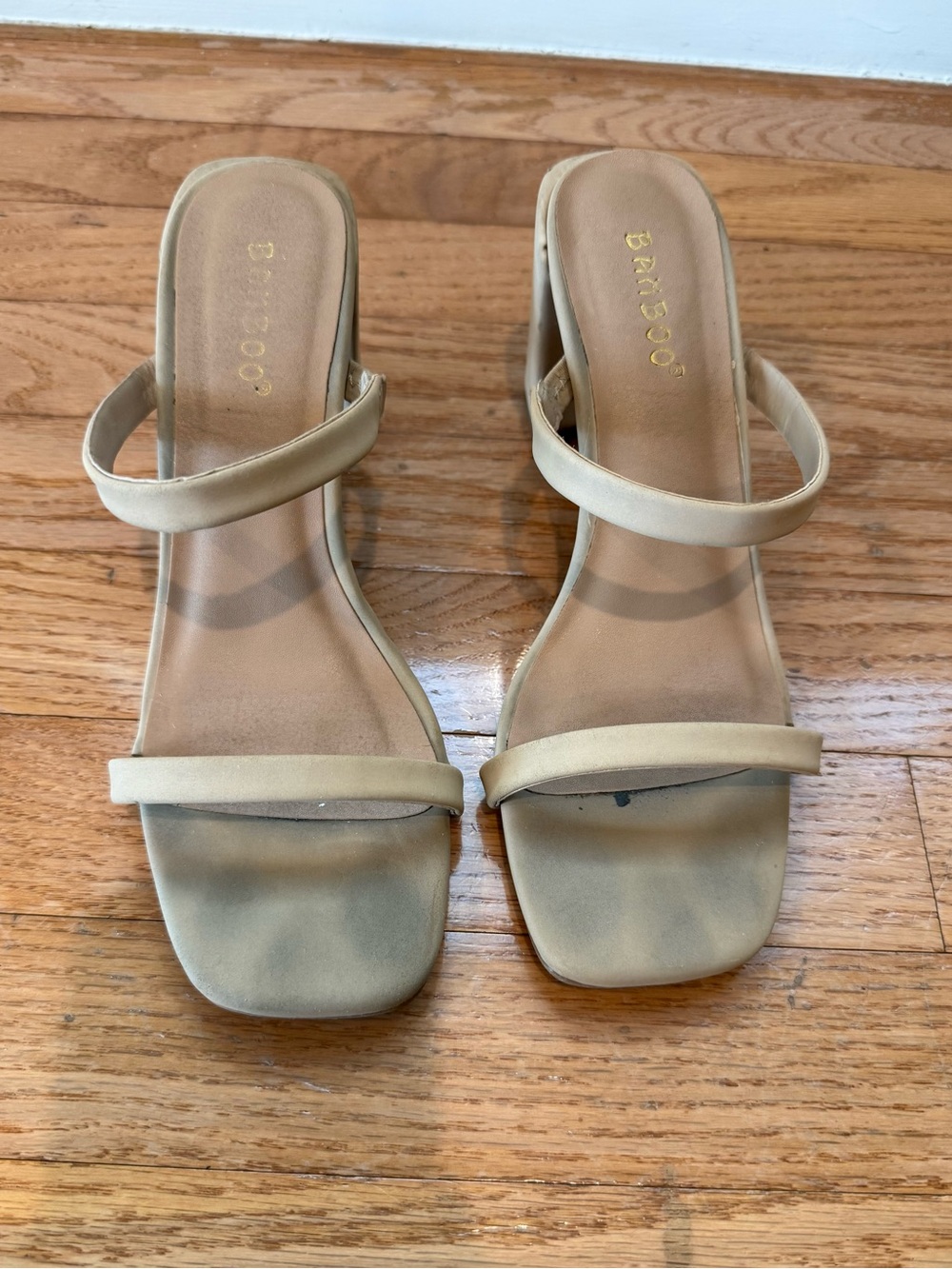 Bamboo Beige Two-Strap Women’s Slide block heel Sandals 6.5